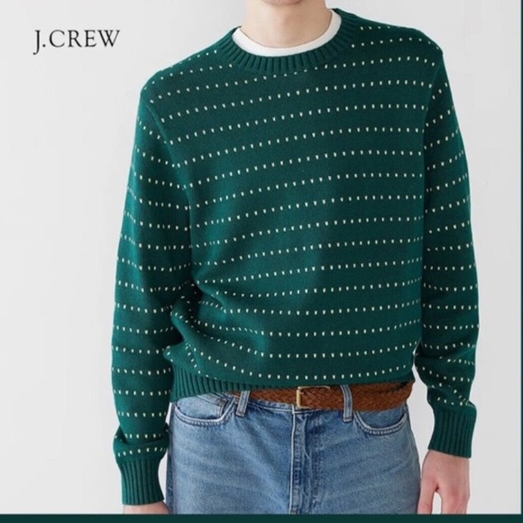 NWT J Crew dark green cream Birdseye crewneck sweater Sz L